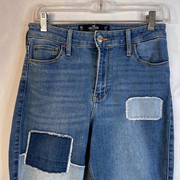 Hollister Patchy Patchwork Flare Leg Denim Jeans Raw Hem High Rise JRS SZ 5R-27 - Picture 3 of 10